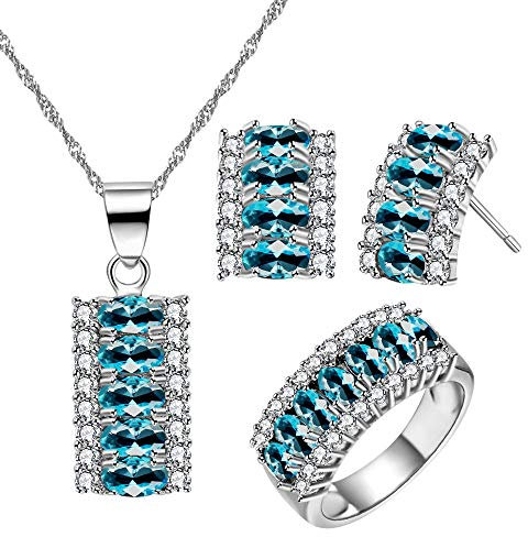 Uloveido Silber Farbe Kristall Halskette Ohrstecker und Ehering Ring Set Zirkon Kostüm Schmuck Set für Frauen Mädchen T502 (Hellblau, Größe 59)