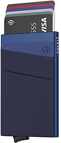 VULKIT Card Holder with Money Pocket Pop Up Wallet RFID Blocking Slim Metal Bank Card Case Holds 5 Cards and Notes, Navy
