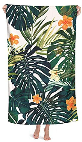DLJIYZX Strandtuch Tropical Summer Hawaiian Flower Palm Leaves Pattern Sehr saugfähige Mikrofaserdecke Weiche Badetücher 80X130CM