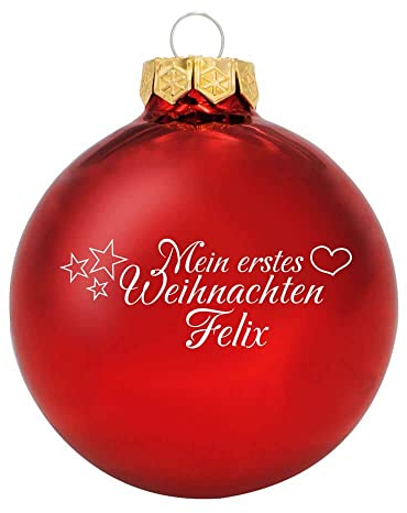 Deitert Weihnachtskugel mit Wunschtext Gravur, Ø 8cm, personalisierte Christbaumkugel aus Glas (glänzend), Individueller Weihnachtsbaumschmuck Namen oder Spruch, Mein erstes Weihnachten, rot
