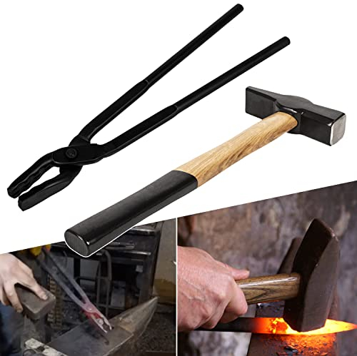 Bonbo Blacksmith Tool Set 15 Wolf Jaw Tongs Blacksmith Tongs for Anvil, Knife Making & 0000811-1500 Blacksmiths' Hammer 3.3 lbs / 1500g Metalworking Tool Striking Tool