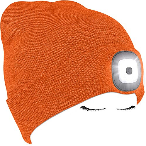 Morye LED Mütze mit Licht, Laufmütze Herren Damen Kappe Lampe USB Nachladbare 4 LED Scheinwerferkappe für Warm Cap mit LED Licht für Jogging,Camping,Angeln,Walking/Leuchtend Orange