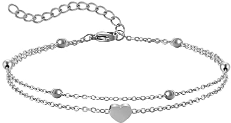 AFSTALR Fußkette Damen Fusskette Edelstahl Herz Layered Anhängern Silber Doppel-Fußkettchen Für Damen Edelstahl Verstellbare Fußschmuck Coin Fußkette Für Damen 丨Silber