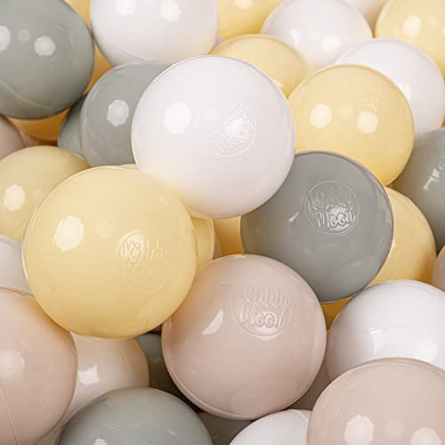 KiddyMoon 300 Bälle/7Cm Kinder Bälle Spielbälle Für Bällebad Baby Einfarbige Plastikbälle Made In EU, Pastellbeige/Grüngrau/Pastellgelb/Weiß