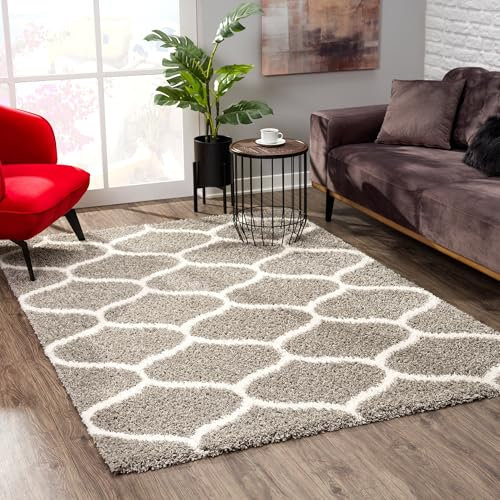 Muratap Madrid Shaggy Hochflor Teppich Marokkanischem Rautenmuster - Langflor Teppich Skandi Design Flauschig Shaggy Teppich für Wohnzimmer, Schlafzimmer - Große: 140x200 cm - Farbe: Grau