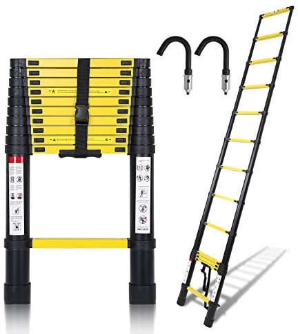 Sonnewelt 3,2M Teleskopleiter mit 2 Abnehmbarem Haken, Rutschfester Aluminium Stehleiter, 150 kg/330 Pfund Belastbarkeit Ausziehbare Leiter, Aluminiumleiter mit Tragegriff