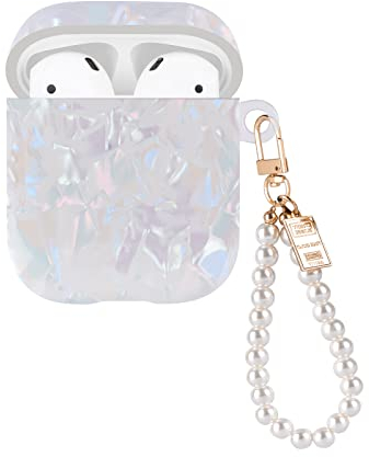 Glitzernde Airpod Taschen mit Perle als Schlüsselanhänger für Mädchen Frauen, Stoßfeste TPU Silikon-Schutzhülle, Ultradünn, Kein Geruch, Anti-Rutsch, kompatibel mit Airpods 1/2 - Glitzernd Weißer