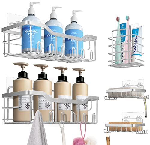 Etagère Douche sans Percage, 5 PCS Etagere Rangement Salle de Bain, Accessoire en Acier Inoxydable 304, Rangement Douche Gris argenté