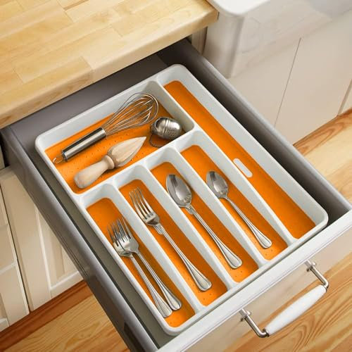 SABSHACH 6 Compartment Cutlery Tray - Anti-Slip Plastic Trays - Kitchen & Office Drawer Organiser (White & Orange)