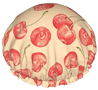 Cherries Shower Caps for Women Reusable Waterproof Shower Bath Cap Double bLayers Elastic Shower Bath Hat with Soft Comfortable Peva Lining Hair Cap for Shower