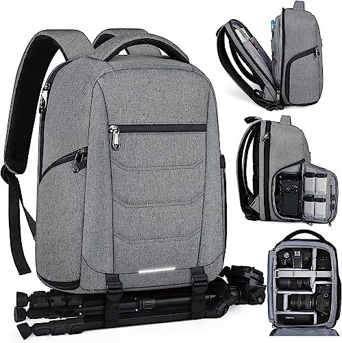 SDYSM Camera Bag Backpack Professional for DSLR SLR Mirrorless Camera Waterproof Laptop Back Pack 14 Inch with Rain Cover Anti Theft Travel Case Large Capacity Photography Backpack Grey