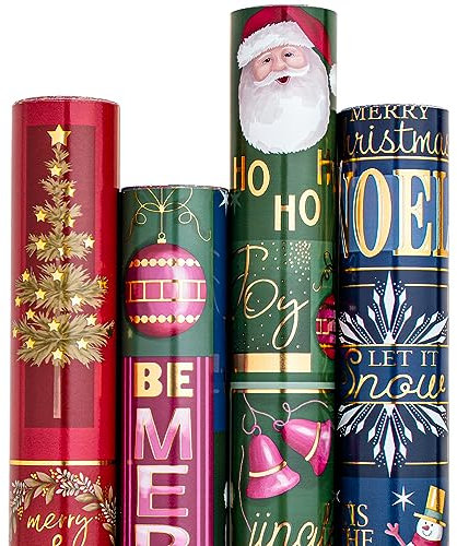 RUSPEPA Papier d'emballage de Noël - Père Noël, bonhomme de neige, arbre de Noël et cloche, 4 rouleaux, 43,5 x 305 cm par rouleau