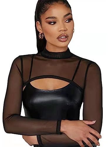Mesh Crop Tops für Damen, schwarzes, langärmliges Crop-Top mit Stehkragen, sexy, durchsichtiges Shirt-Top, schmale Passform, Mesh-Top für Schwimmen, Strand, Club, Yoga, Sport