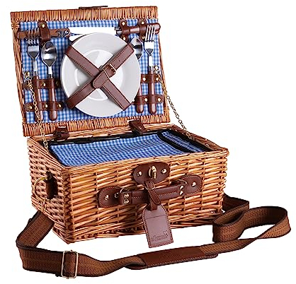 eGenuss Cesta de Mimbre para Picnic 2 Personas | con Correa de Hombro Desmontable, Cubiertos de Acero Inoxidable, refrigerador, Copas de Vino y Platos en Porcelana | Azul