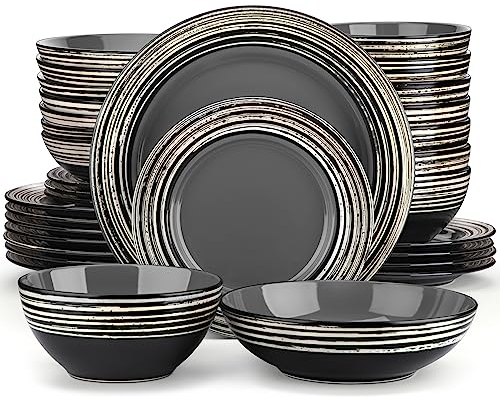 vancasso Dinner Sets, Stoneware Vintage Look Plates and Bowls Set, 32-Piece Dinner Set for 8, Include Dinner Plate, Dessert Plate, Pasta Bowl and Cereal Bowl, Arbre Grey
