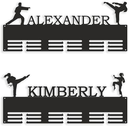 Personalisierter Taekwondo Medaillenhalter mit Name, Geschenk für Sportler, Männer, Frauen, Kinder, Sport Medaillenträger Metall, Medaillen Aufhänger Karate, Wettkampf Medaillenaufhänger Wandhalterung