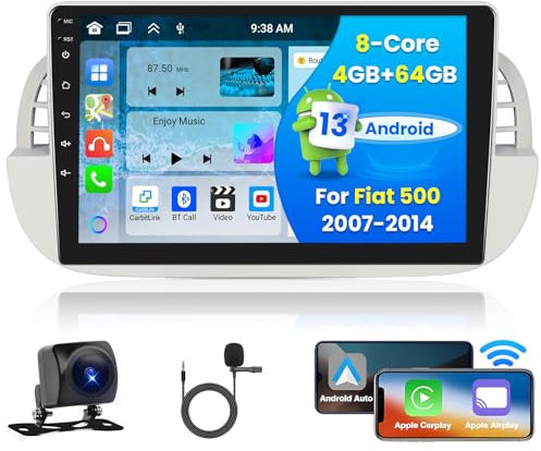 Android 8 Core Autoradio con Wireless Apple CarPlay Android Auto per Fiat 500 2007-2014 Bluetooth Stereo Auto con Schermo da 9 Pollici Touchscreen Radio Supporto WiFi/GPS FM/RDS 4+64GB