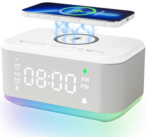 Alarm Clock Speaker Wireless Charger, Digital Alarm Clocks Bedrooms Bluetooth, Alarm Clock Dimmable Light Bedrooms Dual Alarm Snooze Dimmer 12 24H RGB Night Light Bluetooth USB AUX, White