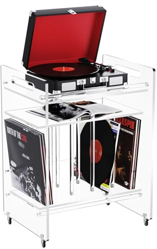 Acryl Beistelltisch, Plattenspielerständer, Schallplattentisch, Vinyl-Magazin-Aufbewahrungsregal mit 3 Ebenen, Beistelltisch mit Rädern (transparent, groß)