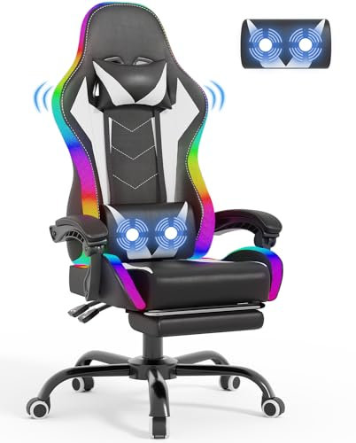 Devoko LED Gaming Chair with Footrest – Ergonomic Reclining Game Chair for Adults with Massage Lumbar Cushion, RGB Lights, High Back, Adjustable PC Gamer Chair, White
