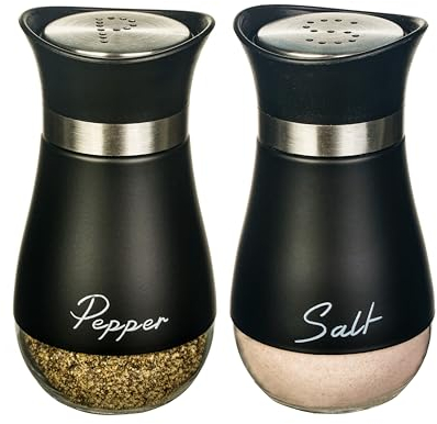 Salt and Pepper Shakers Set, Glass Bottom Salt Pepper Shaker with Stainless Steel Lid for Kitchen Gadgets Cooking Table, Camp,BBQ Spice Shaker Containers, BBQ Seasoning Bottle Jars. (Black)
