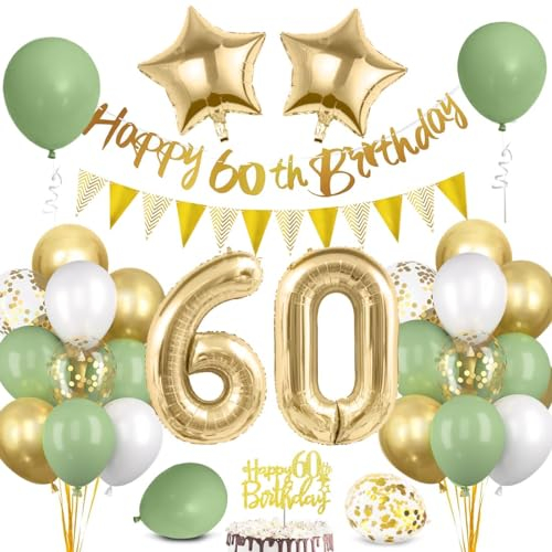 60. Geburtstag Deko für Mann und Frau - Luftballon, Banner, Folienballon und Cake Topper in Grün und Gold