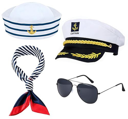 Orgoue Kapitän Kostüm Set, Marine Kostüm Matrosen Kostüm Zubehör mit Matrosenhut Schal Kapitänsmütze und Sonnenbrille für Männer Frauen für Halloween verkleiden sich Party (4Stück Kapitän Kostüm)