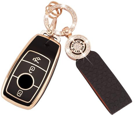 Koaudb Housse de clé de voiture pour Mercedes Benz A B C E G S SL CLS Class SLC CLA GLB GLC GLE GLS AMG 3 boutons Housse de clé intelligente en TPU avec porte-clés en cuir noir et or (C-BP-Bz-3L)