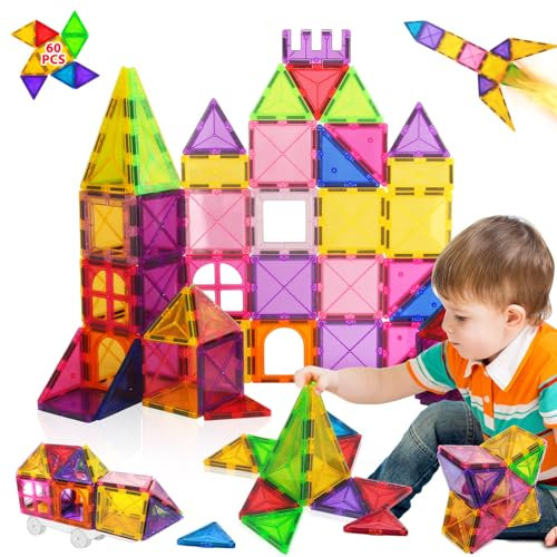 M MUNCASO 60pcs Magnetic Tiles 3D Building Blocks STEM Toy Set 3+ Years Old Educational Construction Magnet Toys for Kids