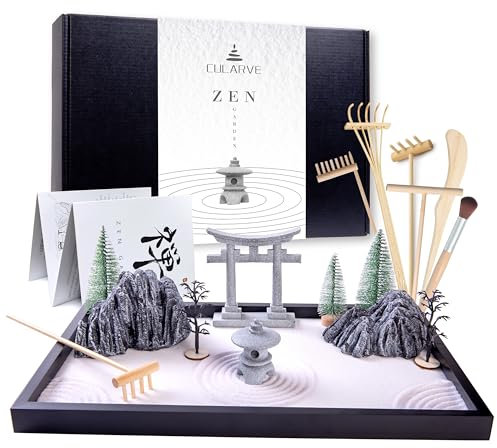 Cularve Zen Garten für Schreibtisch, Sandtablett Therapie Kit, Zen Sand Garten für Schreibtisch, Garten Meditation, Japanisches Zen Garten Kit, Stressabbau Geschenke, Schreibtisch Dekoration