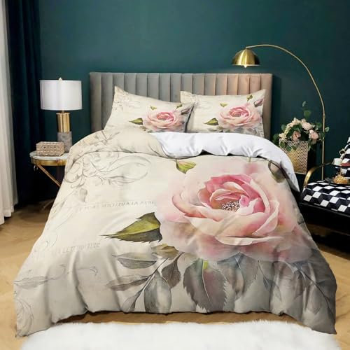 Vintage Duvet Cover Double Shabby chic rose flower Bedding Sets Printed Soft Microfiber Quilt Cover 200x200 cm and 2 Pillowcases 50x75 cm with Zipper Closure for Teens and Adults