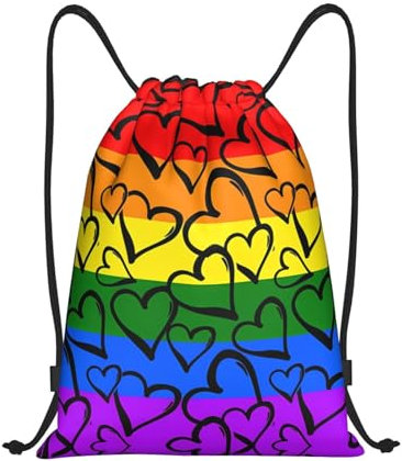 Gay Pride Rucksack mit Kordelzug, Regenbogen-Muster, wasserdicht, ideal für Sport, Reisen und mehr, Schwarz , M