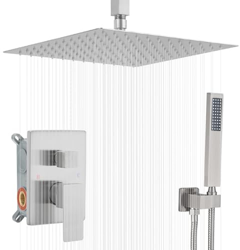 JingGang Ceiling Mount Shower System 16 Inch Brushed Nickel Bathroom Shower Mixer Set Luxury Shower Mixer Tap Set Rainfall Shower Head System (Contains Body of
