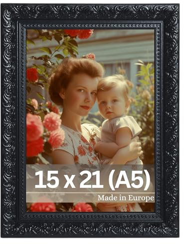 VictoR Marco de fotos vintage Rubens en 15 x 21 cm (A5), color negro, listón: 30 x 20 mm, cristal auténtico, marco de fotos barroco, antiguo, 15 x 21 cm, color negro