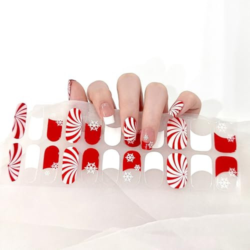 22Stk Gel Nagellack Aufkleber, French UV Gel Nagelfolie in Rot Schneeflocken und Streifen, Weihnachts-Nagelaufkleber LED-Lampe Erforderlich, Full Wraps Cured Gel Nail Strips mit Nagelfeile (Weiß, 22x)