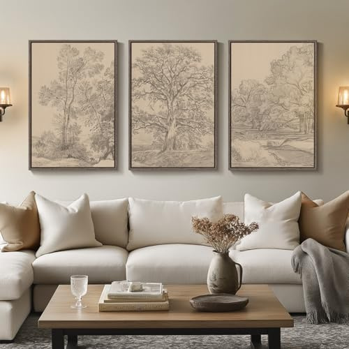Große gerahmte neutrale Landschafts-Wandkunst für Wohnzimmer, 3-teiliges Retro-Skizze, Botanischer Wald, antikes Leinwand-Kunstwerk-Set, rustikale Natur, Wabi Sabi, Kunstdrucke für Flur, Zuhause, Büro