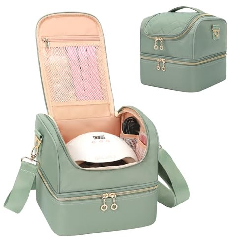 Nail Polish Organiser, Nail Varnish Storage Box Holds 45 Bottles Nail Polish & Nail Lamp, Nail Tech Travel Case, Nail Kit Carrying Bag for Nail Stuff & Manicure Tools (Green, 27 Slots)