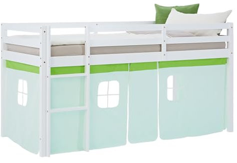 Homestyle4u Hochbett 90x200 grün Vorhang Kinderbett mit Rausfallschutz Leiter Holz Kiefer Massiv Lattenrost