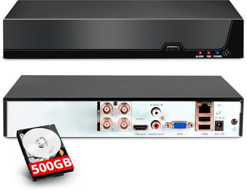 4 Channel CCTV Camera Systems with 500GB HDD, 5MP H.265+ Surveillance DVR Recorder for Analog XVI AHD TVI CVBS CVI IP Cameras, DVR for Security Home Surveillance System, Mobile APP PC Remote