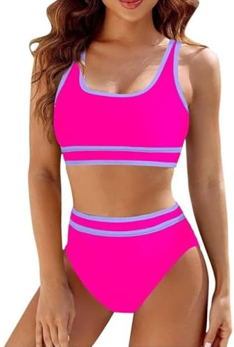 Mayoii 2 Piece Swimsuit for Women Bikini Set High Waisted Bottom Padded Push Up Top Tummy Control Swimwear Swimming Costumes Bathing Suit (UK, Alpha, L, Regular, Regular, Rose Red)