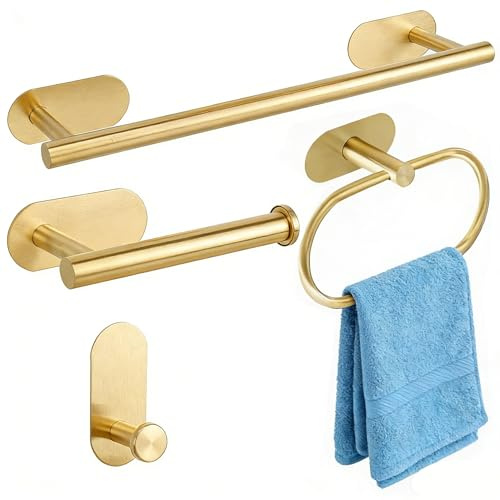 Toilet Roll Holder and Stainless steel towel ring, 4 Pieces Gold Bathroom Accessories Set, Metal Bathroom Hardware Set Includes Towel Rail, Toilet Roll Holder, Towel Ring, and Wall Hook. towel rack