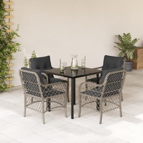 Bucmath Salon de jardin 5 pièces en polyrotin gris clair avec coussins, résistant aux UV, 80 x 80 x 74 cm, table en verre, meubles d'extérieur robustes pour terrasse et balcon