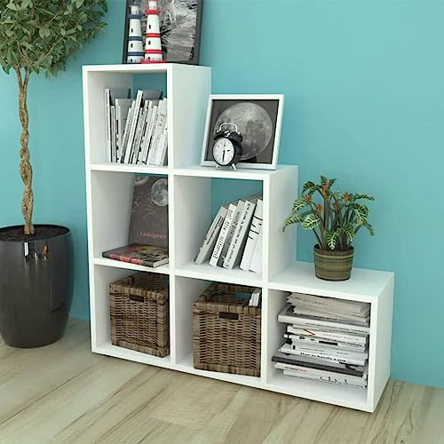 WEMYUFURN Treppenregal Bücherregal 107 cm Weiß mit 6 offenen Fächern für Bücher und Deko, Stufenregal aus hochwertigen Materialien, stabil und langlebig, inklusive Montagezubehör