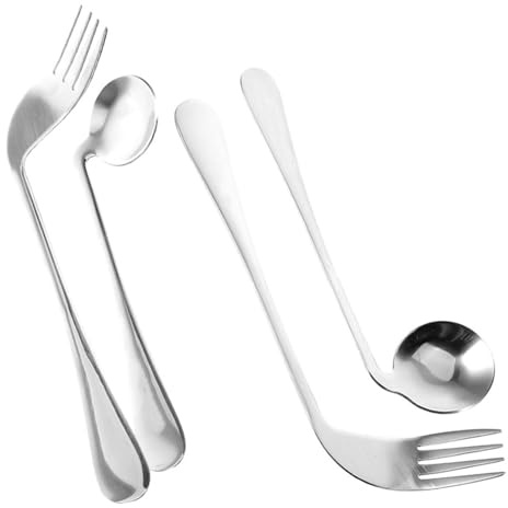 Abgewinkeltes Essbesteck 1 Satz Edelstahl Silber Löffelhilfe | Ergonomische Gabel, für Menschen mit Behinderungen, 1 Satz, Bequem zu Halten, Formstabil