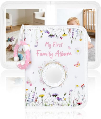 Ainiv Baby Fotoalbum 17 Fotos (6.5x4.5 Zoll), Babyalbum aus Weichem Stoff | Erstes Jahr Babyalbum mit Sicherheitsspiegel und Anhänger für Neugeborene/Kleinkinder/Baby Dusche Erinnerung (Weiße Blüten)