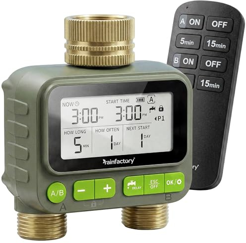 rainfactory - timer irrigazione 2 vie con telecomando, centralina irrigazione a batteria IP65, display LCD, 4 programmi, manuale, delay pioggia, raccordo ¾ per giardino, balcone, vasi e orto!