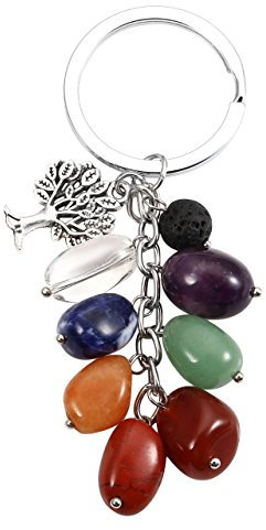 Jovivi, portachiavi dei 7 chakra, con pietre preziose, con ciondolo a forma di albero della vita in argento, con pietra lavica per aromaterapia, diffusore di oli essenziali