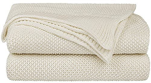 PICCOCASA-Strickdecke aus 100 % Baumwolle – weiche, dekorative Überwurf-Strickdecke für Sofa, Couch, Schlafzimmer, einfarbig, 100 % Baumwolle, Beige-without Tassels, 50 x 60