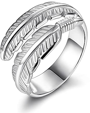 BESTEEL 925 Sterling Silber Ring für Frauen Mädchen - Hochzeit Verlobung Ewigkeitsring - Feder Blätter Engel Flügel Verstellbar Öffnung - Ohne Stein