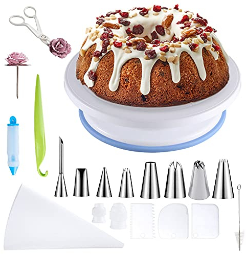 KeepingcooX Tortenplatte Drehbar Tortenständer Kuchen Drehteller Cake Decorating Turntable mit Zuckerguss, Spritzbeutel und Tipps-Set, Vereisungsspachtel, Gebäckwerkzeug